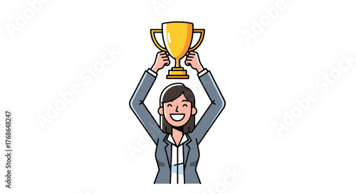Triumphant Businesswoman Displays Trophy Celebrating Success And Achievement Victory