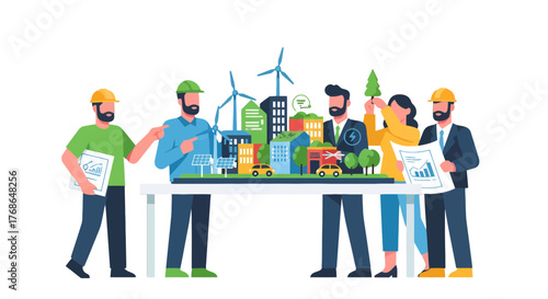 Sustainable City Design Team Collaboration Green Energy Blueprint Illustration