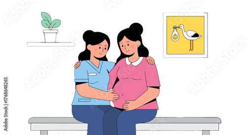 Supportive Illustration Depicting Pregnancy and Healthcare Consultation with Newborn Arrival