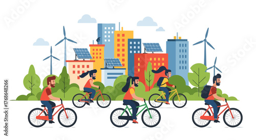 Sustainable City Life: Eco-Friendly Cycling Lifestyle Against Renewable Energy Cityscape