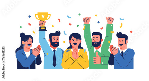 Triumphant Team Celebrating Success With Trophy And Festive Confetti Display