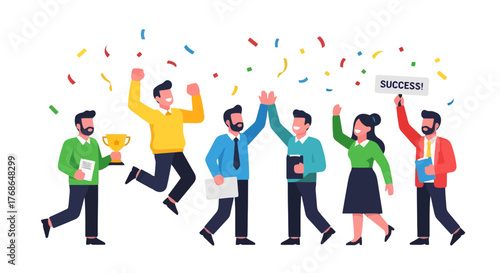 Triumphant Team Celebrating Success, Achieving Goals, High-Fiving And Celebrating Together