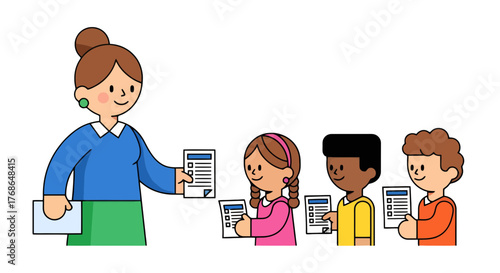 Teacher Giving Paperwork To Students, Illustrating Education And Assessment Processes Successfully