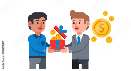 Two Men Exchanging a Gift Box of Gold Coins Illustrating a Financial Reward