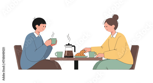 Two People Enjoying Breakfast and Beverages In A Pleasant Gathering With Coffee.