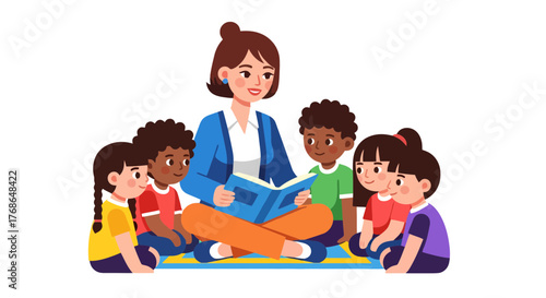 Teacher Reading Her Colorful Picture Book To Students At The Learning Circle