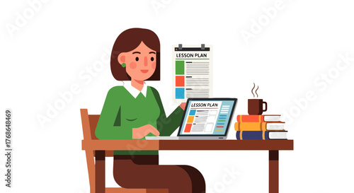 Teacher Working At Her Desk While Planning a Lesson With Laptop And Notebook