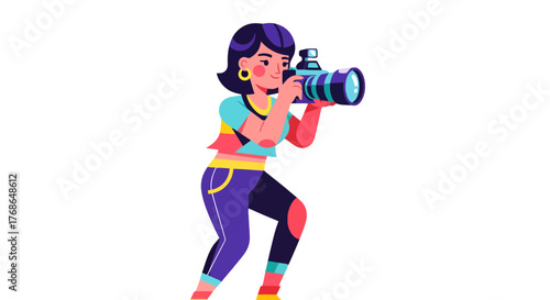 Vibrant Illustrated Woman Taking Photographs Capturing Unique Photographic Moments Perfectly