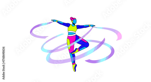 Vibrant Silhouette Of a Dancer Gracefully Performing With Flowing Ribbons On Black Canvas