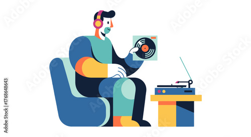 Vinyl Enthusiast Enjoying Music Listening Experience With Stylish Illustrations And Headphones