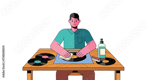 Vinyl Record Maintenance: A Person Cleaning, Preserving, And Valuing Analog Music Enjoyment