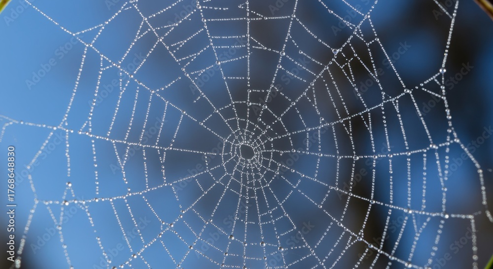 Obraz premium Spider web with dew drops glistening in the sunlight against a blue sky