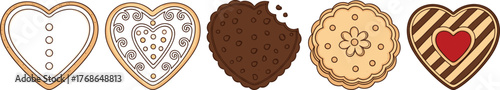 Heart-shaped cookie set, decorative baked designs, chocolate and icing textures, romantic dessert icons, Valentine sweet treat vector illustrations