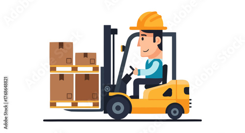 Warehouse Worker Operating Forklift Carrying Boxes While Wearing Protective Protective Gear