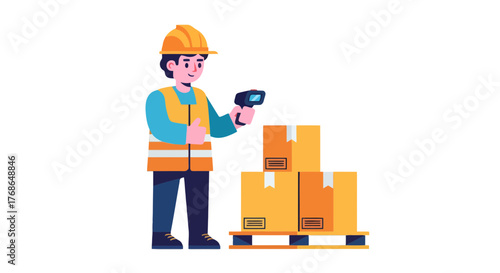 Warehouse Worker Scans Packages Near Pallet, Warehouse Management Concept Illustration