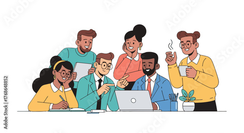 Teamwork And Collaboration Focused On Laptop With Smiling Colleagues