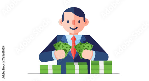 Wealthy Businessperson Flaunting Cash Bills, Financial Prosperity, and Success, Vector Cartoon