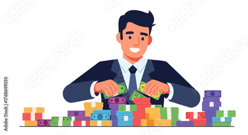 Wealthy Businessperson Handling Cash, Surrounded by Stacks of Banknotes, Smiling and Confident