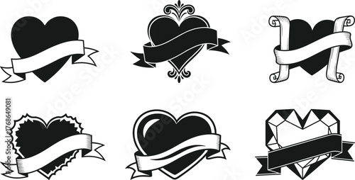 Heart with banner, romantic emblem, tattoo style, decorative ribbon, love symbol, vector icon, silhouette design, customizable space, illustration