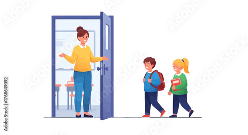 Welcome Students To The Classroom: A Teacher Greets Pupils And Prepares Education