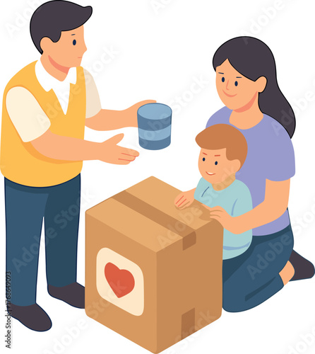 An isometric illustration of a man giving a can to a woman and child beside a donation box, symbolizing charity, generosity, and community care.