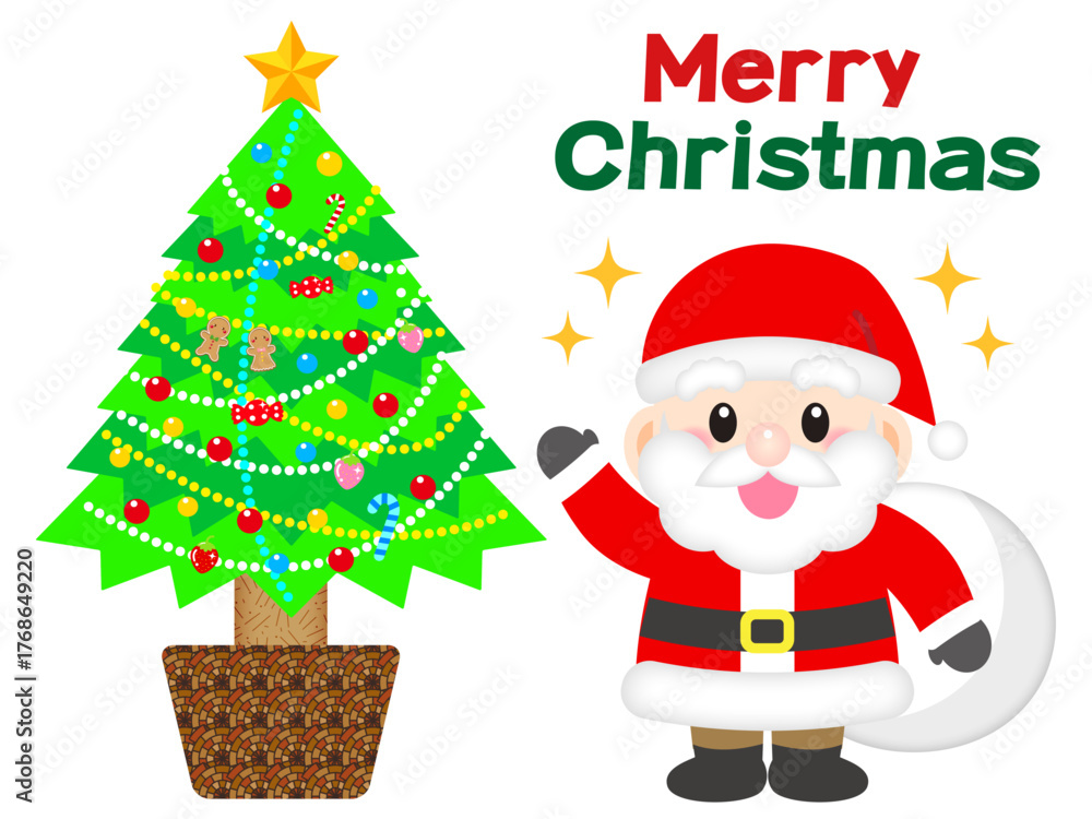 Fototapeta premium サンタクロースとクリスマスツリーのイラスト素材