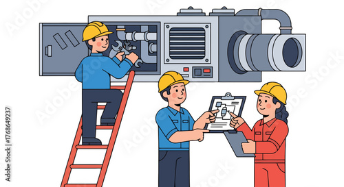 Technical Team Analyzing And Repairing Equipment With Detailed Schemes and Repair plan