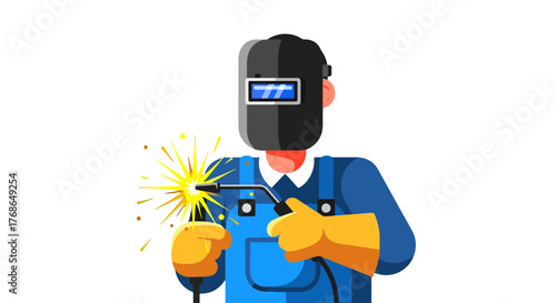 Welder Illustration Depicting Sparks and Welding Equipment Against Black Background