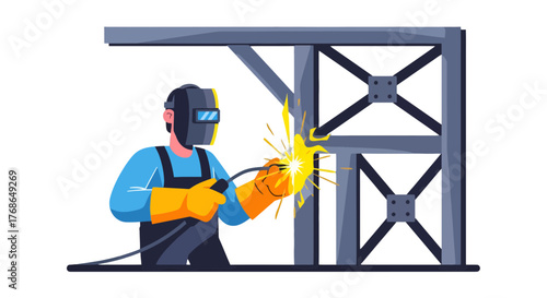 Welder Working On Metal Structure Creating Sparks and Constructing Something