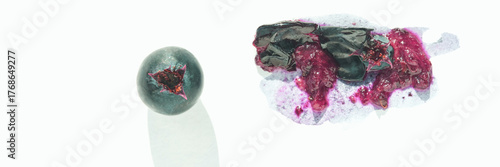 Slika na platnu Close-up of whole and smashed blueberry on white background with juicy details and colorful textures