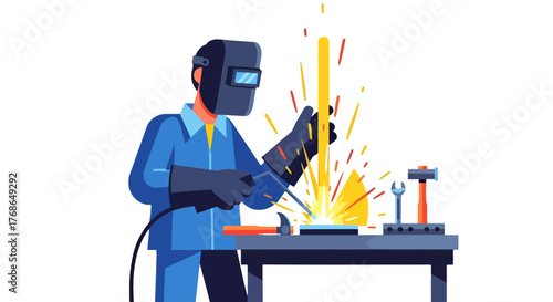 Welder Working With Welding Tool Using Protection Mask In Vector Illustration