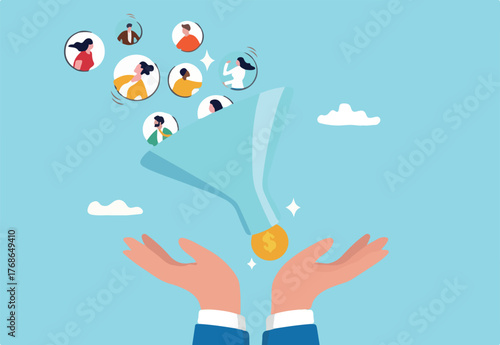 Lead generation gaining customers to convert to sales, marketing funnel conversion rate, advertising analysis concept, hand holding marketing funnel to pull potential customer and convert to sales