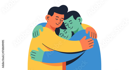 Three Individuals Embracing, Displaying Friendship, Positivity, And Comforting Sentiment