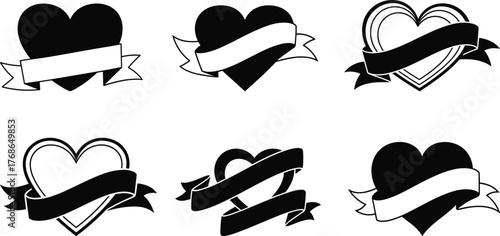Heart ribbon, romantic symbol, love banner, black silhouette, valentine icon, emotional art, decorative shape, message space, bold design, symbolic frame