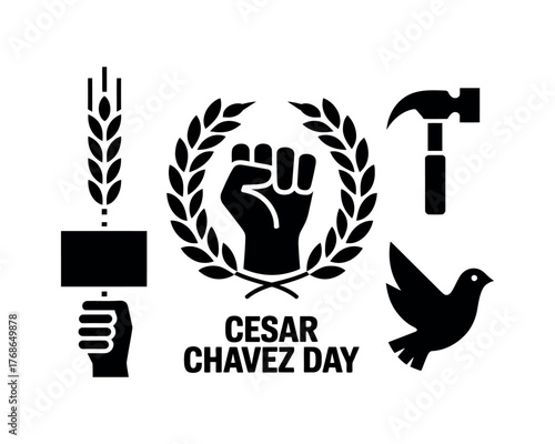 Cesar Chavez Day symbols include a fist in a laurel wreath and icons for agriculture, labor, and peace.