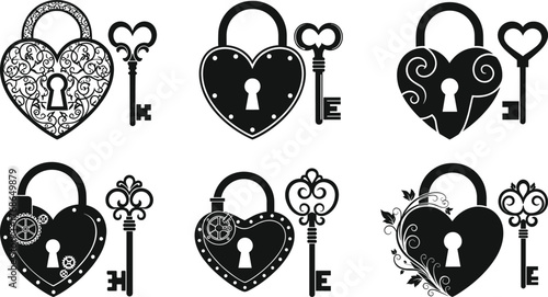 Heart padlock, vintage key, romantic lock, love symbol, steampunk design, floral lock, cracked heart, nautical theme, silhouette, illustration