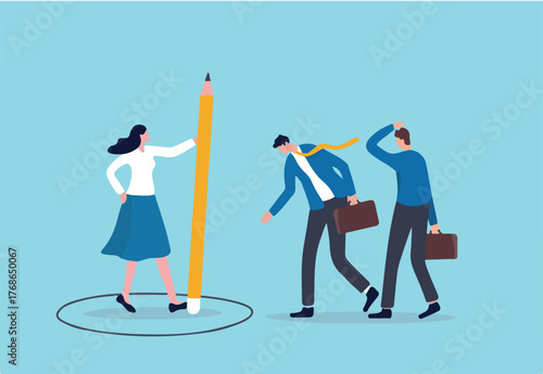 Personal space, privacy or work boundary to limit access and protect from people, introvert or safe zone concept, businesswoman using pencil to draw personal space circle to protect from coworkers.