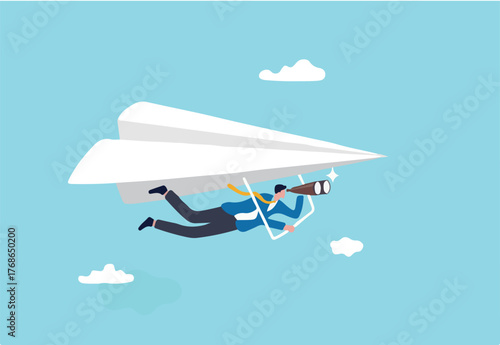 Career opportunity, investment or business vision, future forecast or discover new idea and inspiration concept, businessman flying paper airplane origami as glider with binoculars to see opportunity