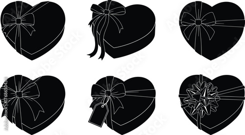 Heart gift box, ribbon bow, romantic packaging, love symbol, festive design, vector illustration, silhouette icon, celebration decor, present shape