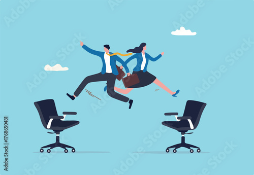 Job rotation or employee switch position for new skill and experience, moving to new responsibility within organization concept, businessman and woman jump on office chair metaphor of job rotation.