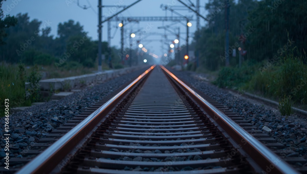 Fototapeta premium Vanishing Point on Parallel Lines Twilight Hues and a Hint of Mystery.