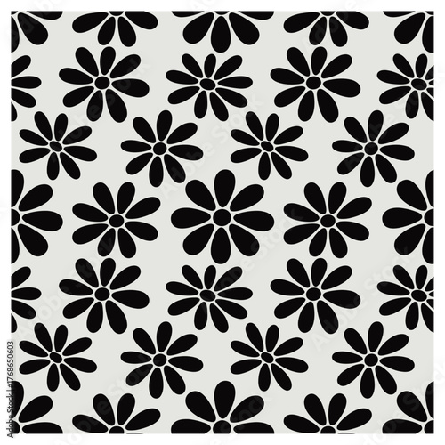 This striking seamless daisy pattern features bold black flower silhouettes arranged evenly on a soft white background. The design captures the essence of simplicity with a touch of retro flair.