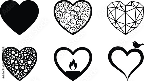Heart design, romantic symbol, artistic vector, love icon, geometric heart, floral pattern, bird accent, flame motif, silhouette illustration