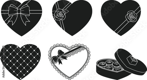 Heart chocolate box, romantic gift, Valentine icon, ribbon design, rose decoration, silhouette vector, love symbol, sweet treat, illustration, packaging