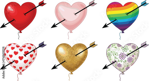 Heart balloon with arrow, romantic vector, love symbol, Valentine design, festive illustration, colorful pattern, celebration icon, emotional art