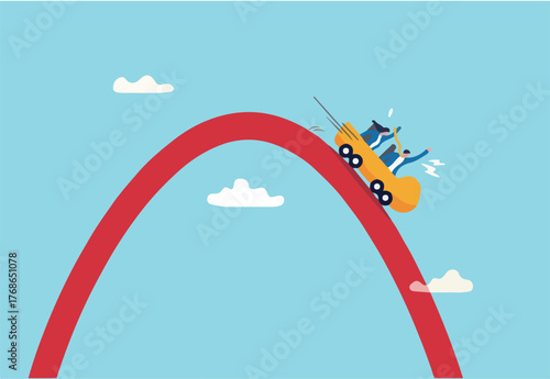 Stock market rollercoaster, risk or recession downturn, investment falling down, economic crisis, fall down, decrease or reduction concept, business people investor riding on falling down graph.
