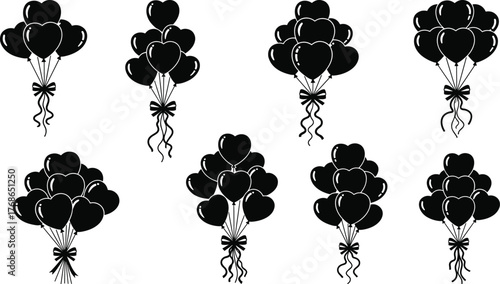 Heart balloon cluster, romantic silhouette, vector illustration, love symbol, celebration decor, black balloons, ribbon detail, party icon, design