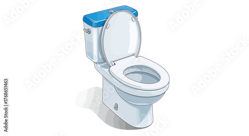 White toilet with blue tank lid isolated on white background.