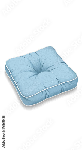Light blue square cushion with button detail isolated on a white background.