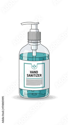 Clear plastic bottle with pump dispenser filled with blue liquid on white background.